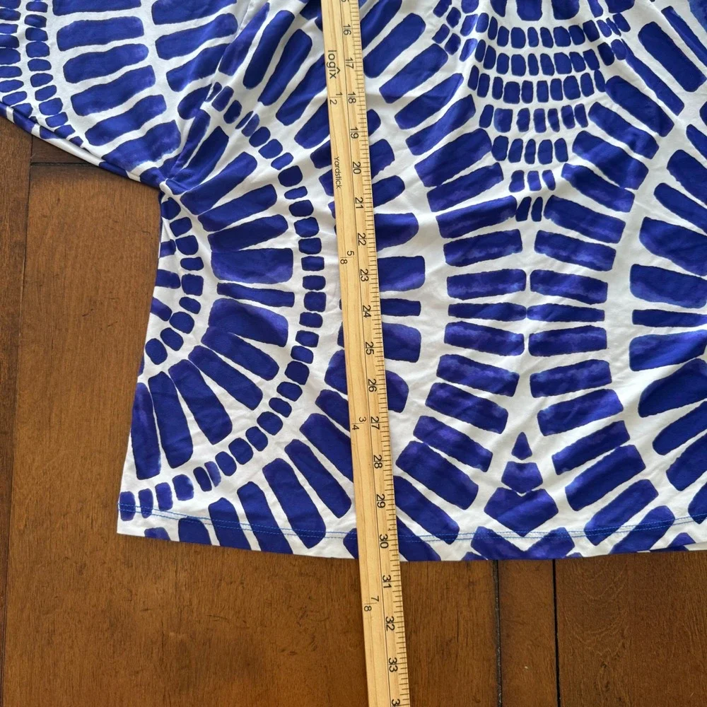 Trina Turk Blue White Geometric Tunic Mini Dress Kimono Sleeve Dashiki Print L - Picture 6 of 6
